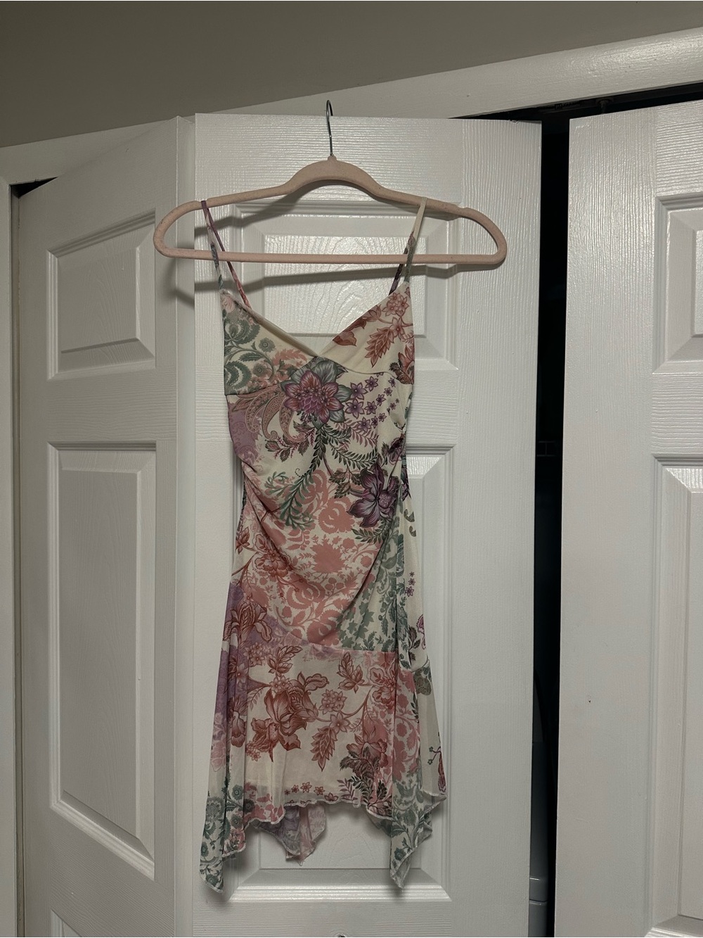 Floral Slip Dress with Asymmetrical Hem - Cream & Pink